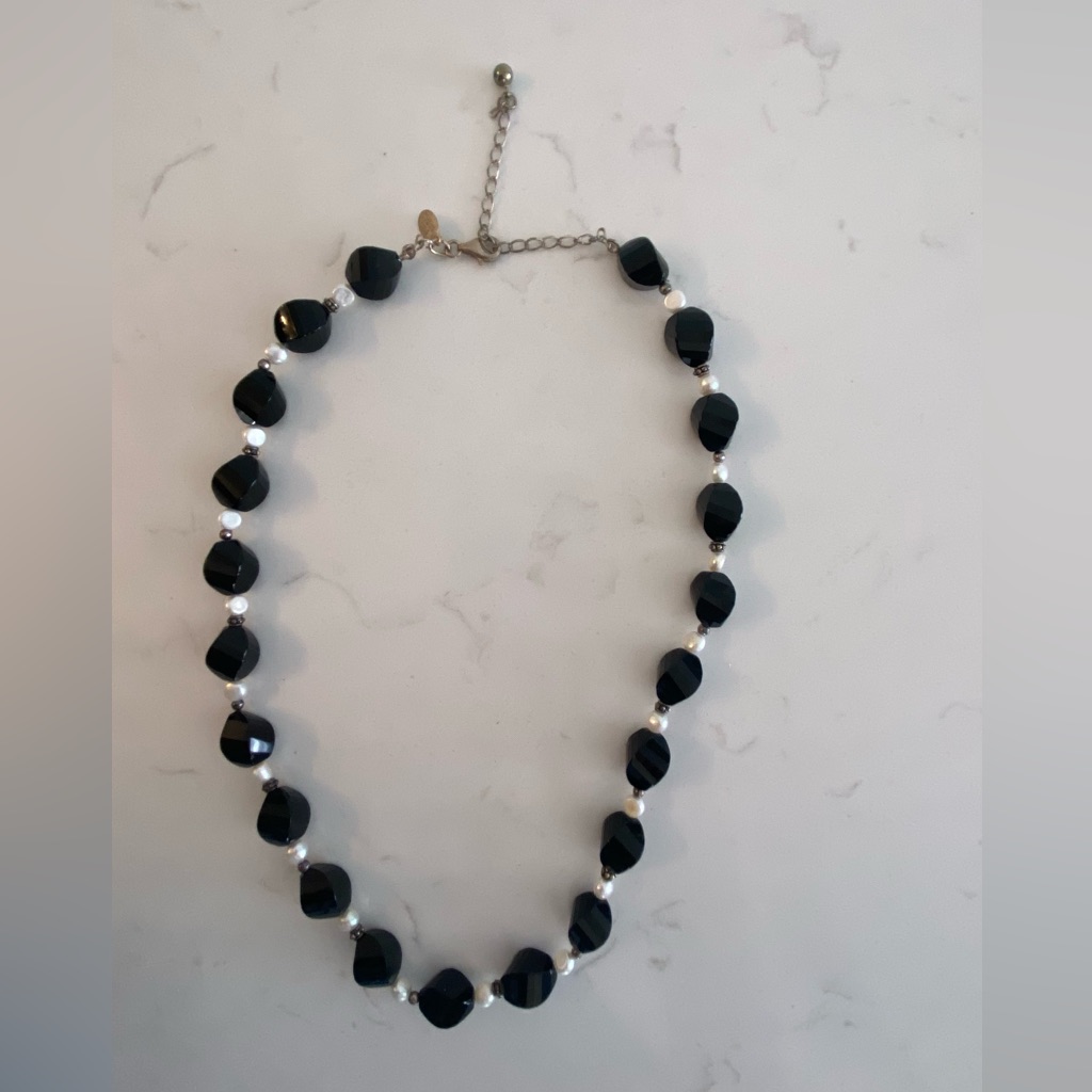 Donna Dressler Sterling Silver, Freshwater Pearl And Facet Black Bead Necklace.